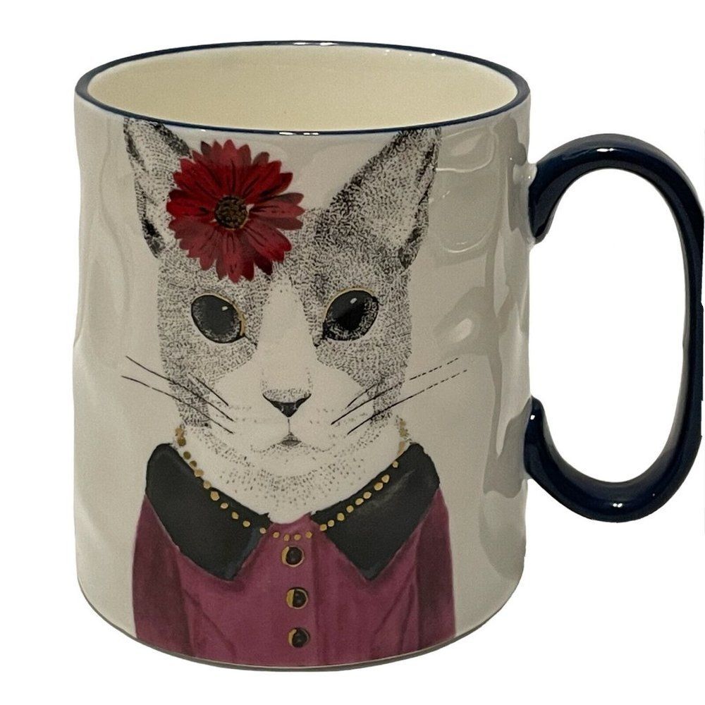 Signature Hipster Cat Kitten Flower Ceramic Coffee Mug Tea Cup Blue Rim 14oz